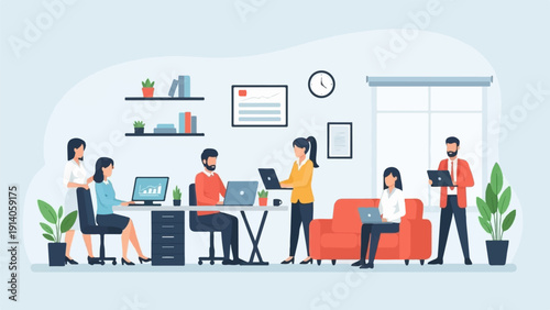 Flat vector illustration of a diverse team collaborating and working on laptops in a modern office