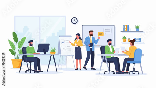 Illustration of a modern office with people in a meeting and working at desks with city views