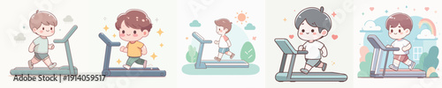 Vector Illustration of a Cute Kids Running on a Treadmill