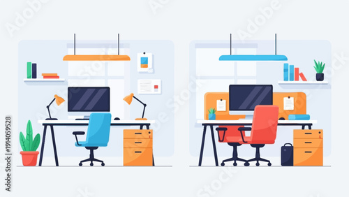 Two modern office workspaces illustrated in a colorful, flat vector style with desks and computers