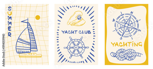 Vintage summer posters in line art style with Yachting and Yacht Club hand drawn posters set with sailboat compass and rope. A whimsical vector illustration in blue and yellow color.