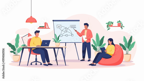 Vector illustration of a team meeting in a modern office with a man presenting a flowchart