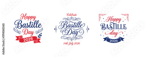 Happy Bastille Day 2026 Elegant Script Typography Vector Design with Ribbon Banner