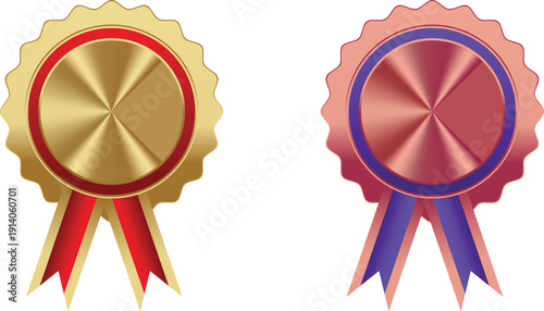 Two gold and bronze award medals with red and purple ribbons isolated on white background