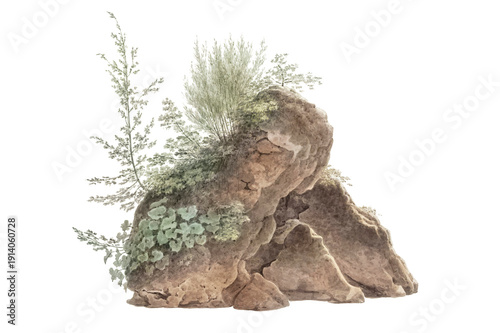 Overgrown Rocks. Rock with grass growing on it. Vintage hand-drawn watercolor illustration.