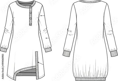 Long sleeve tunic dress illustration, fashion design sketch, garment construction drawing, asymmetrical hemline, button placket, ribbed cuffs, clothing pattern, apparel silhouette