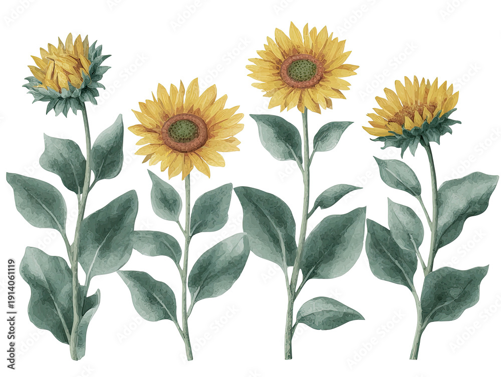 Naklejka premium Watercolor illustration of four sunflowers with detailed yellow petals and green leaves