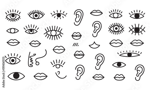 Human facial features eyes nose lips ears hand icons vector