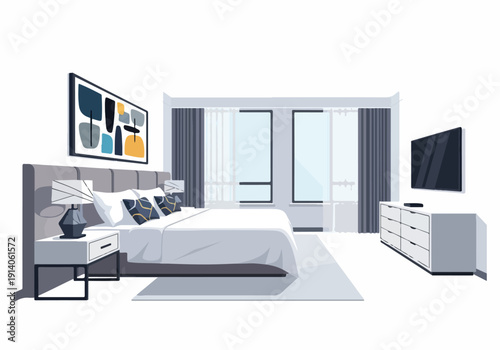 Modern bedroom interior design with a king-size bed, nightstands, a dresser, and a television