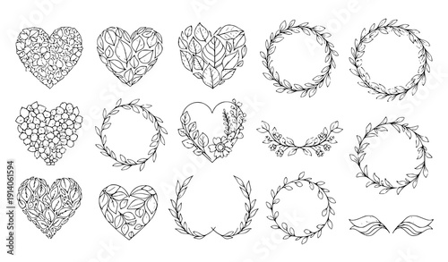 Hand-drawn heart and leaf vector set with floral wreaths and artistic botanical ornaments