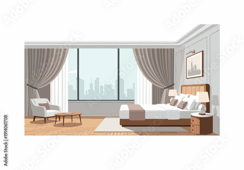 Elegant hotel room interior with a king-sized bed, armchair, and a large window offering a city skyline view, creating a luxurious and comfortable ambiance