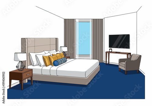 Comfortable and inviting hotel room with large bed, armchair, and television, perfect for a relaxing stay