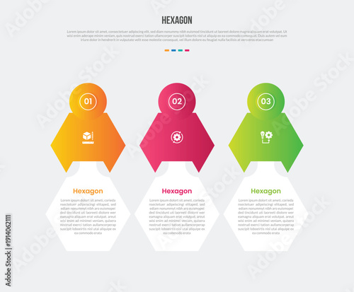 hexagon or hexagonal base shape infographics gradient template diagram with big and small combination with small circle on top with 3 point step creative
