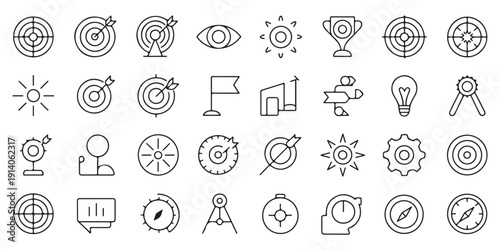 Outline vector icons showing business objectives, strategy, awards, and goal-oriented concepts