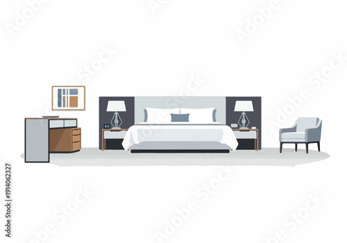 Luxurious Bedroom Interior Design with King-Size Bed, Nightstands, Lamp, Dresser, and Armchair
