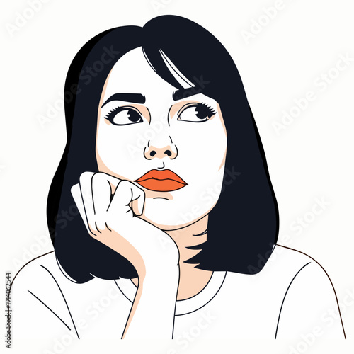 A young woman with dark hair contemplates thoughtfully with her hand on her chin, captured in a simple illustration from a frontal viewpoint.