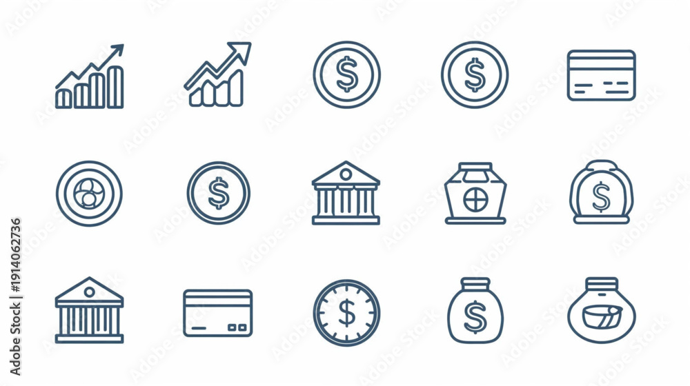 Fototapeta premium Finance and Investment Line Icon Set – Banking, Stock Market and Cryptocurrency Vector Icons