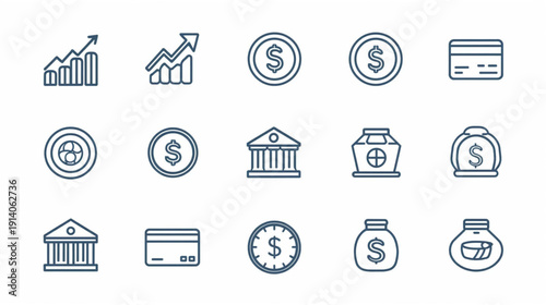 Finance and Investment Line Icon Set – Banking, Stock Market and Cryptocurrency Vector Icons