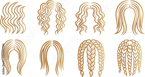 Golden hair styles collection with wavy, straight and braided designs vector illustration