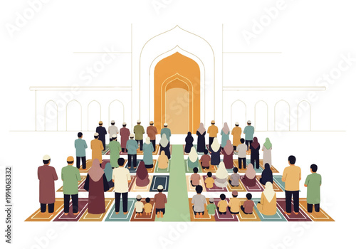 Flat design illustration vector of a diverse crowd of people gathered in prayer at a mosque with a large arched doorway and colorful rugs in a serene and peaceful atmosphere.