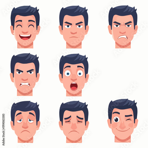 A grid of nine cartoon male faces displaying various emotional expressions in a 3x3 arrangement
