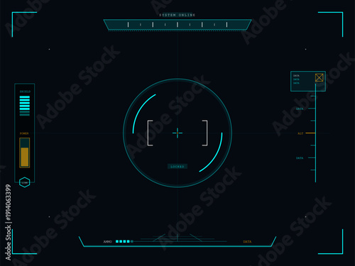 This sci-fi heads-up display features a central crosshair with a locked status, ammo and power gauges, and various data indicators on a dark blue background for a gaming UI.