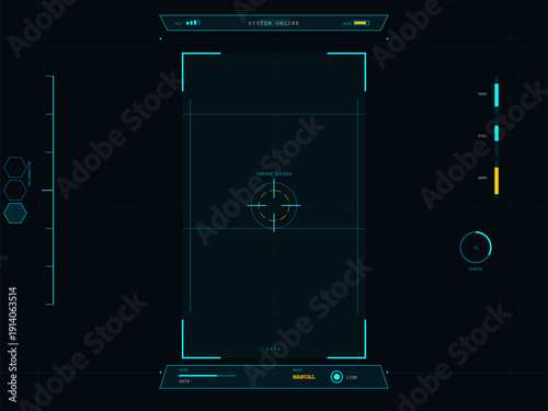 This futuristic digital heads-up display interface features a target locked crosshair, status bars for fuel and ammo, and system online indicators on a dark background.