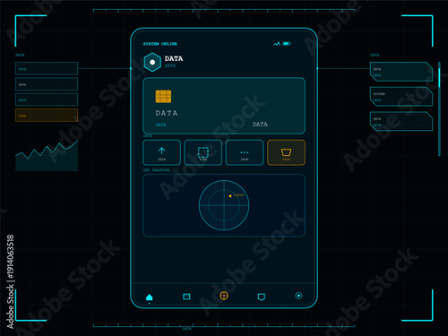 A futuristic digital interface displays data and GPS tracking on a dark blue grid background. The screen features a radar target, system status, and various functional icons.