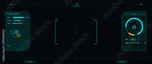 This futuristic digital head-up display interface features system status indicators, a circular temperature gauge, and data monitoring panels on a dark background.