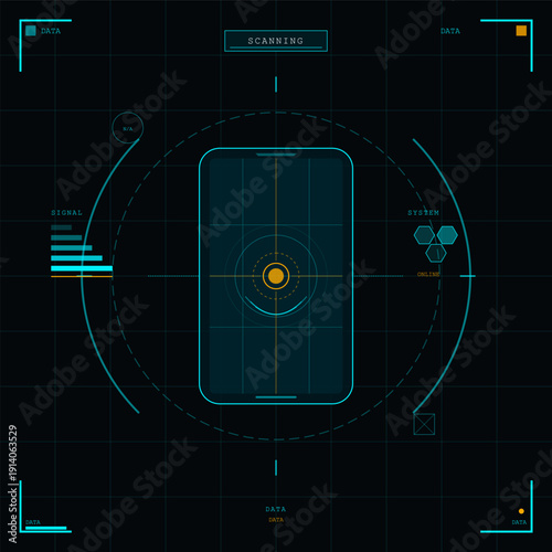 This high-tech heads-up display features a mobile phone silhouette surrounded by scanning circles, signal strength indicators, and system status data on a dark grid.