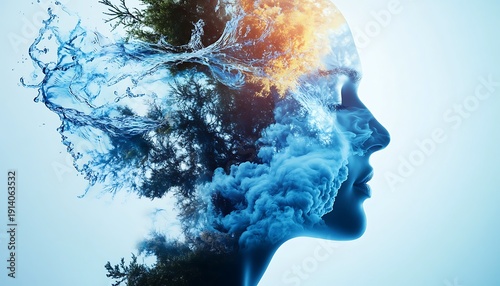 A thought-provoking visualization of a human silhouette made of water and air, with elements of nature intertwined, representing the essence of life through the balance of oxygen and wate