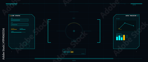 A futuristic digital head-up display interface featuring a central scanning circle, data tracking graphs, link status indicators, and various technical readouts on a dark grid background.
