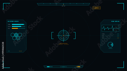A futuristic heads-up display interface featuring a central targeting reticle, system status bars, and scanning data on a dark background with cyan and orange digital elements.