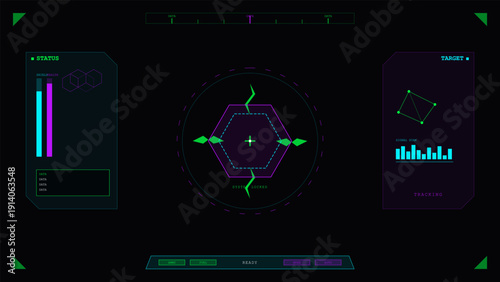 A futuristic digital heads-up display interface featuring a central targeting reticle, status bars for health and shields, and a signal scan graph in neon green, cyan, and purple.