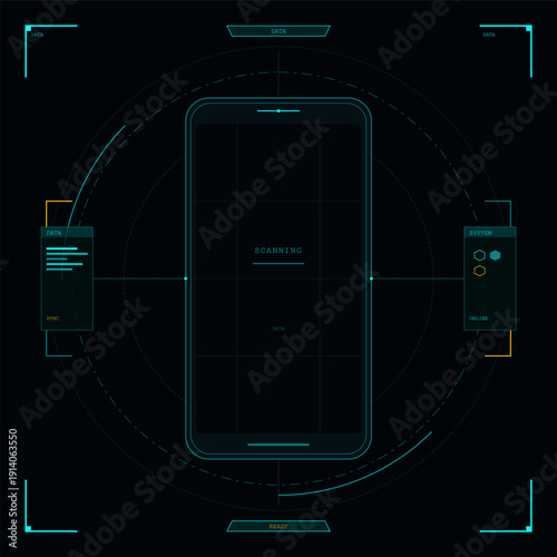 Futuristic digital interface showing a smartphone outline centered within a circular scanning HUD. The screen features technical data, system status, and a scanning progress message.