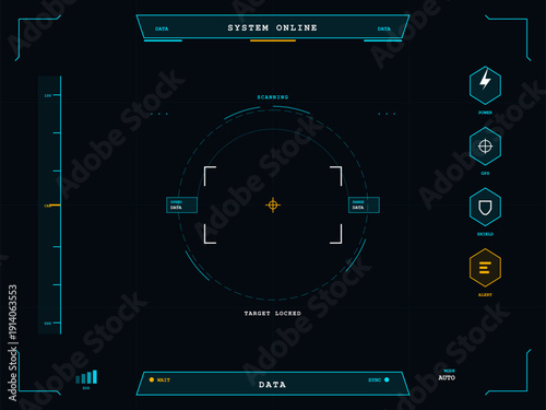 A futuristic digital head-up display interface featuring a central targeting reticle, scanning data, and various status icons like power, GPS, and shield on a dark grid background.