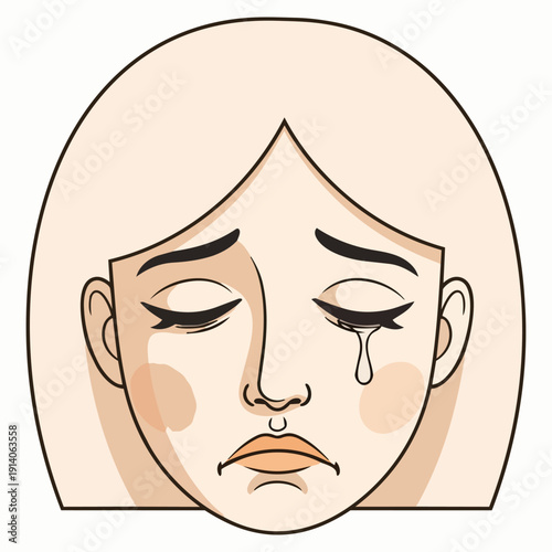 A cartoon illustration of a woman crying with a sorrowful expression, closed eyes, and a single tear, conveying sadness and emotional distress