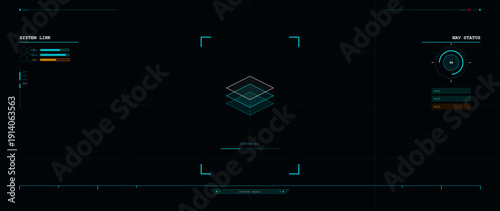 A futuristic digital head-up display interface featuring system link data, navigation status, and a central scanning graphic with isometric layers on a dark background.