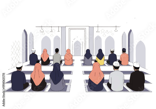 Flat design illustration of people sitting in rows on prayer mats in a mosque with a white background, Vector graphic.
