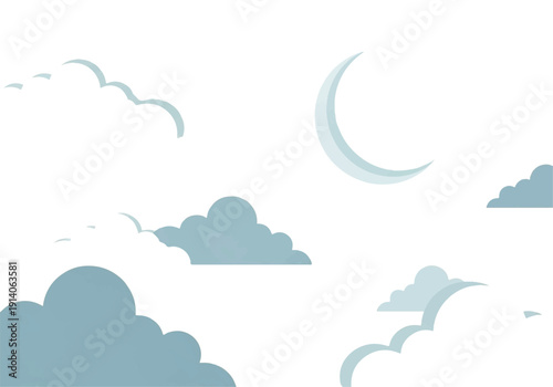 A serene Flat Design illustration of various blue clouds and a crescent moon in a Vector-style composition against a clean white background with a calming atmosphere.