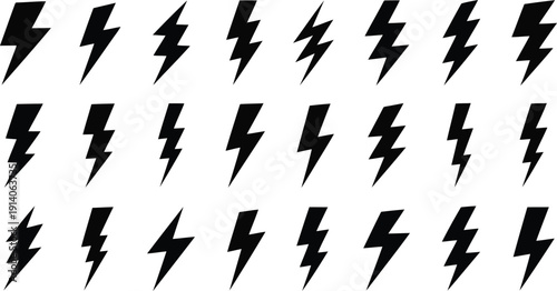 Many different styles of black thunderbolt icons displayed together against a bright white surface