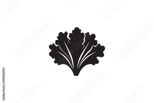 Minimalist black silhouette of loose leaf lettuce, highlighting wavy edges, depicted on pristine white background