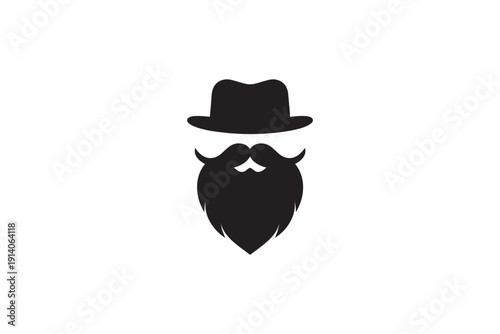 Black silhouette of a man with a fedora hat, mustache, and full beard, isolated on a clean white background, classic gentleman style