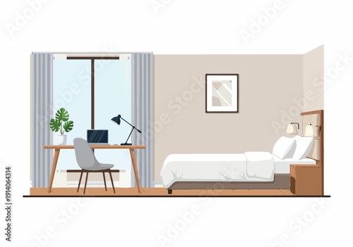 Cozy and functional bedroom design with a dedicated workspace, featuring a comfortable bed, desk, chair, and natural light