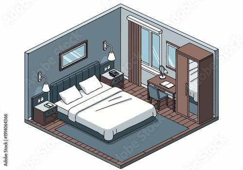 Cozy Isometric Bedroom Illustration with Bed, Wardrobe, and Desk