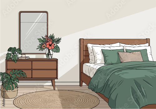 A cozy bedroom interior with a bed, dresser, mirror, and potted plants, decorated in a warm and inviting style