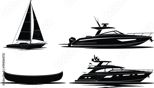 Collection of boat silhouettes on water Keywords: boat, yacht, sailboat, canoe, water, sea, ocean, transportation, travel
