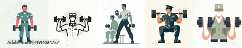Vector Illustration of a Military Personnel Lifting Dumbbells in the Gym