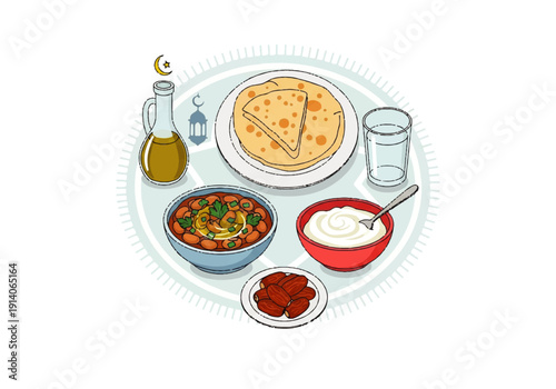 Flat design illustration vector of a traditional meal setup with a plate of food, bowl of salad, glass, and pitcher on a table, against a clean white background with a warm and inviting