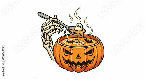 A skeletal hand serves soup from a carved pumpkin to a tiny ghost